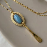 Long Gold Necklace • Blue Aventurine Oval Frame Pendant • Geometric Minimalist Boho Jewelry For Women