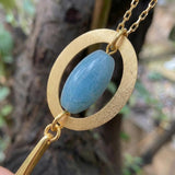Long Gold Necklace • Blue Aventurine Oval Frame Pendant • Geometric Minimalist Boho Jewelry For Women