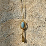 Long Gold Necklace • Blue Aventurine Oval Frame Pendant • Geometric Minimalist Boho Jewelry For Women