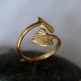 Gold Wrap Leaf Ring • Handmade Leaf Band • Botanical Statement Ring for women