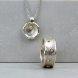 Organic Silver And Gold Bridal Set • 14K Gold Bezel Diamond Necklace + Ring • Handmade Mixed Metal Jewelry