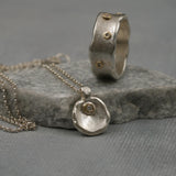 Organic Silver And Gold Bridal Set • 14K Gold Bezel Diamond Necklace + Ring • Handmade Mixed Metal Jewelry