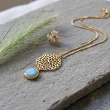 Gold Long Aquamarine Necklace For Women • Openwork Floral Pendant • Handmade Minimal Statement Jewelry