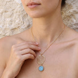 Gold Long Aquamarine Necklace For Women • Openwork Floral Pendant • Handmade Minimal Statement Jewelry