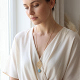 Gold Long Aquamarine Necklace For Women • Openwork Floral Pendant • Handmade Minimal Statement Jewelry