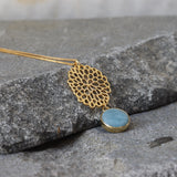 Gold Long Aquamarine Necklace For Women • Openwork Floral Pendant • Handmade Minimal Statement Jewelry