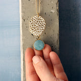 Gold Long Aquamarine Necklace For Women • Openwork Floral Pendant • Handmade Minimal Statement Jewelry