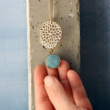 Gold Long Aquamarine Necklace For Women • Openwork Floral Pendant • Handmade Minimal Statement Jewelry