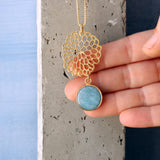 Gold Long Aquamarine Necklace For Women • Openwork Floral Pendant • Handmade Minimal Statement Jewelry