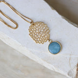 Gold Long Aquamarine Necklace For Women • Openwork Floral Pendant • Handmade Minimal Statement Jewelry