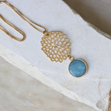 Gold Long Aquamarine Necklace For Women • Openwork Floral Pendant • Handmade Minimal Statement Jewelry
