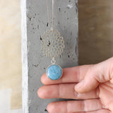 Sterling Silver Long Aquamarine Necklace • Lace Cutout Flower Pendant • Handmade Minimal Statement Jewelry