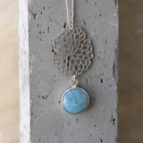 Sterling Silver Long Aquamarine Necklace • Lace Cutout Flower Pendant • Handmade Minimal Statement Jewelry