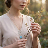 Sterling Silver Long Aquamarine Necklace • Lace Cutout Flower Pendant • Handmade Minimal Statement Jewelry