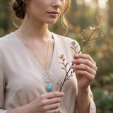 Sterling Silver Long Aquamarine Necklace • Lace Cutout Flower Pendant • Handmade Minimal Statement Jewelry