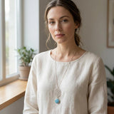 Sterling Silver Long Aquamarine Necklace • Lace Cutout Flower Pendant • Handmade Minimal Statement Jewelry