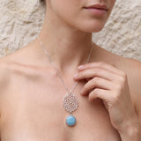 Sterling Silver Long Aquamarine Necklace • Lace Cutout Flower Pendant • Handmade Minimal Statement Jewelry