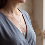 Sterling Silver Long Aquamarine Necklace • Lace Cutout Flower Pendant • Handmade Minimal Statement Jewelry