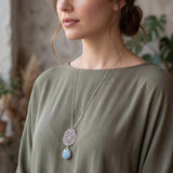 Sterling Silver Long Aquamarine Necklace • Lace Cutout Flower Pendant • Handmade Minimal Statement Jewelry