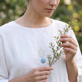Sterling Silver Long Aquamarine Necklace • Lace Cutout Flower Pendant • Handmade Minimal Statement Jewelry