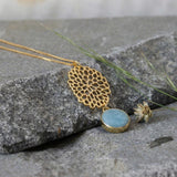 Gold Long Aquamarine Necklace For Women • Openwork Floral Pendant • Handmade Minimal Statement Jewelry
