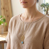 Gold Long Aquamarine Necklace For Women • Openwork Floral Pendant • Handmade Minimal Statement Jewelry