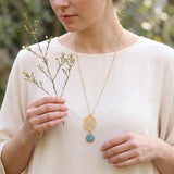 Gold Long Aquamarine Necklace For Women • Openwork Floral Pendant • Handmade Minimal Statement Jewelry