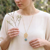 Gold Long Aquamarine Necklace For Women • Openwork Floral Pendant • Handmade Minimal Statement Jewelry