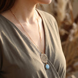 Gold Long Aquamarine Necklace For Women • Openwork Floral Pendant • Handmade Minimal Statement Jewelry