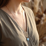 Gold Long Aquamarine Necklace For Women • Openwork Floral Pendant • Handmade Minimal Statement Jewelry