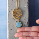 Gold Long Aquamarine Necklace For Women • Openwork Floral Pendant • Handmade Minimal Statement Jewelry