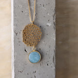 Gold Long Aquamarine Necklace For Women • Openwork Floral Pendant • Handmade Minimal Statement Jewelry
