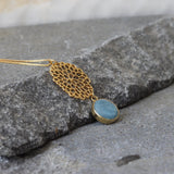 Gold Long Aquamarine Necklace For Women • Openwork Floral Pendant • Handmade Minimal Statement Jewelry