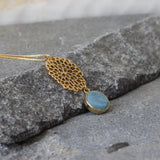 Gold Long Aquamarine Necklace For Women • Openwork Floral Pendant • Handmade Minimal Statement Jewelry
