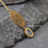 Gold Long Aquamarine Necklace For Women • Openwork Floral Pendant • Handmade Minimal Statement Jewelry