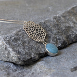 Sterling Silver Long Aquamarine Necklace • Lace Cutout Flower Pendant • Handmade Minimal Statement Jewelry