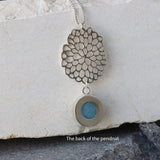 Sterling Silver Long Aquamarine Necklace • Lace Cutout Flower Pendant • Handmade Minimal Statement Jewelry
