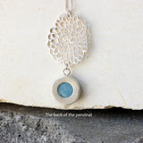 Sterling Silver Long Aquamarine Necklace • Lace Cutout Flower Pendant • Handmade Minimal Statement Jewelry