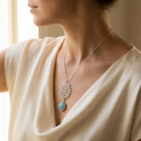 Sterling Silver Long Aquamarine Necklace • Lace Cutout Flower Pendant • Handmade Minimal Statement Jewelry