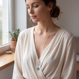 Sterling Silver Long Aquamarine Necklace • Lace Cutout Flower Pendant • Handmade Minimal Statement Jewelry