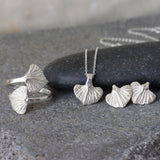 Sterling Silver Leaf Jewelry Set • Botanical Earrings, Wrap Ring & Necklace • Handmade Nature-Inspired Minimal Jewelry