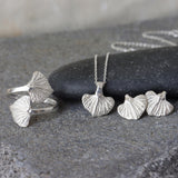 Sterling Silver Leaf Jewelry Set • Botanical Earrings, Wrap Ring & Necklace • Handmade Nature-Inspired Minimal Jewelry