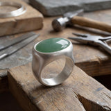 Sterling Silver Green Aventurine Ring • Oval Cabochon Boho Statement Ring • Handmade Wide Band Jewelry For Women