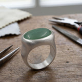 Sterling Silver Green Aventurine Ring • Oval Cabochon Boho Statement Ring • Handmade Wide Band Jewelry For Women