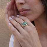 Sterling Silver Green Aventurine Ring • Oval Cabochon Boho Statement Ring • Handmade Wide Band Jewelry For Women