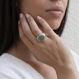 Sterling Silver Green Aventurine Ring • Oval Cabochon Boho Statement Ring • Handmade Wide Band Jewelry For Women