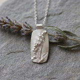 Sterling Silver Lavender Necklace • Personalized Engraved Floral Jewelry For Women • Handmade Rectangular Botanical Pendant