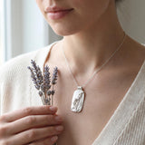 Sterling Silver Lavender Necklace • Personalized Engraved Floral Jewelry For Women • Handmade Rectangular Botanical Pendant
