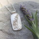 Sterling Silver Lavender Necklace • Personalized Engraved Floral Jewelry For Women • Handmade Rectangular Botanical Pendant