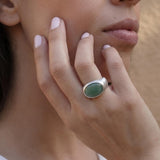 Sterling Silver Green Aventurine Ring • Oval Cabochon Boho Statement Ring • Handmade Wide Band Jewelry For Women